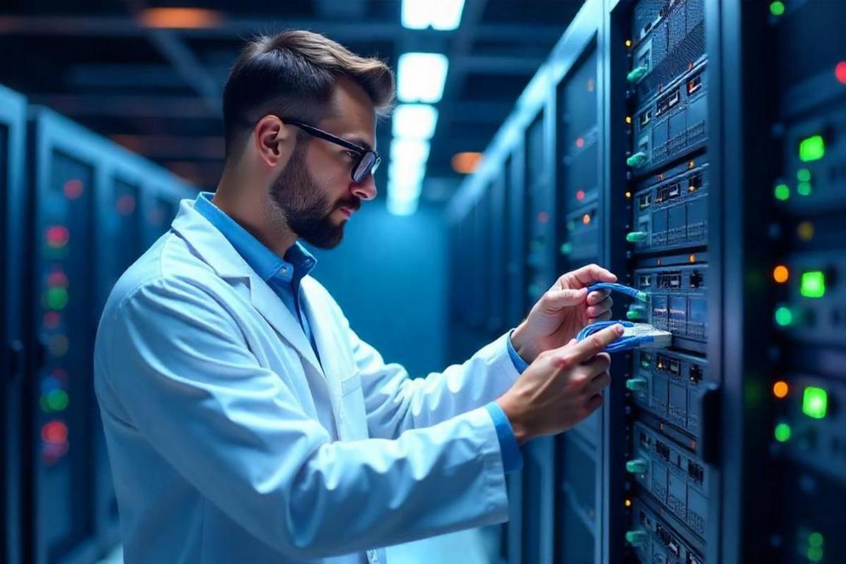 Technician in a white coat connecting a network cable to a server rack.